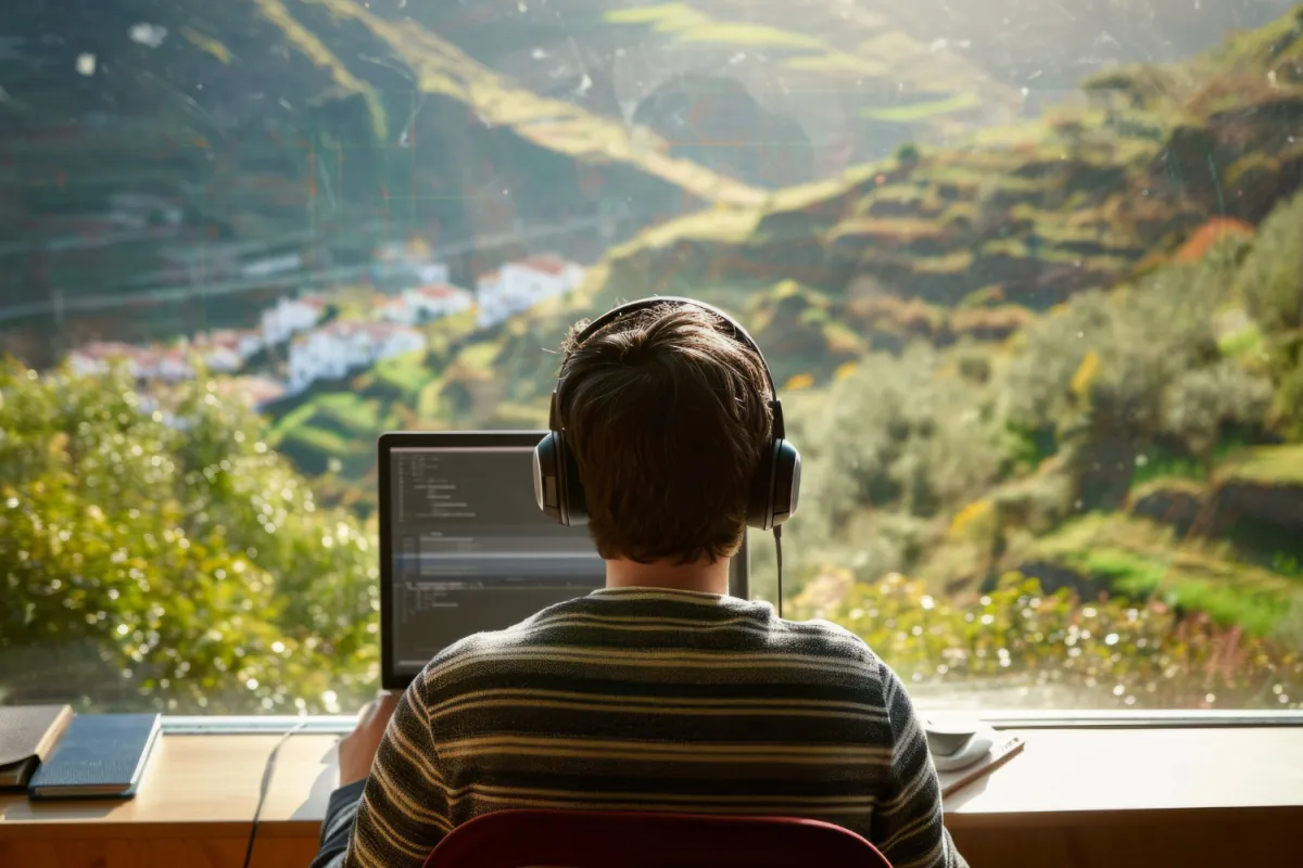 remote nomad looking out of the window at a nice meadow and town in background while coding